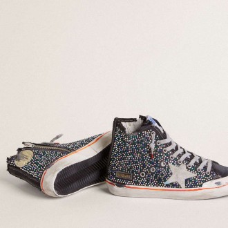 Golden Goose Francy Penstar Lab In Black Canvas With Multicolor Rhinestones