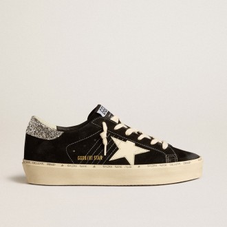 Golden Goose Hi Star In Black Leather With Silver Glitter Heel Tab