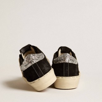 Golden Goose Hi Star In Black Leather With Silver Glitter Heel Tab