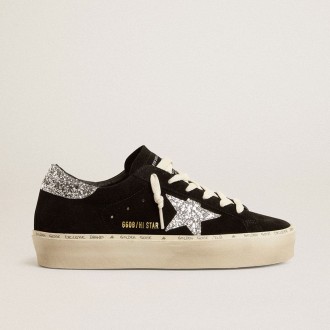 Golden Goose Hi Star In Black Suede With Silver Glitter Star