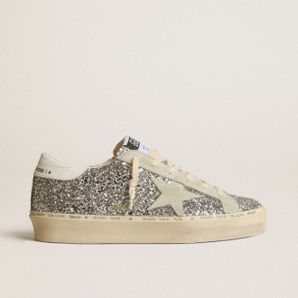 Golden Goose Hi Star In Silver Glitter With Suede Star And White Heel Tab