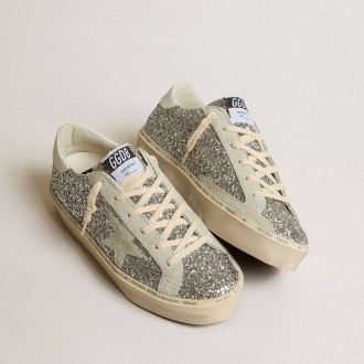 Golden Goose Hi Star In Silver Glitter With Suede Star And White Heel Tab