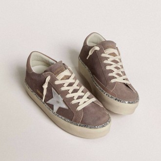 Golden Goose Hi Star In Suede With Silver Leather Star And Leather Heel Tab