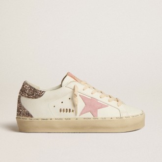 Golden Goose Hi Star In White Leather With Pink Suede Star And Pink Glitter Heel Tab