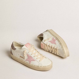 Golden Goose Hi Star In White Leather With Pink Suede Star And Pink Glitter Heel Tab Golden Goose Hi Star In White Leather With Pink Suede Star And Pink Glitter Heel Tab