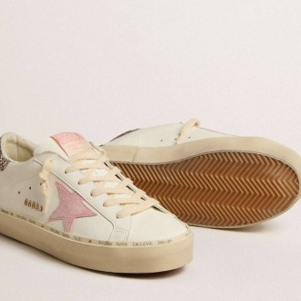 Golden Goose Hi Star In White Leather With Pink Suede Star And Pink Glitter Heel Tab Golden Goose Hi Star In White Leather With Pink Suede Star And Pink Glitter Heel Tab