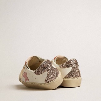 Golden Goose Hi Star In White Leather With Pink Suede Star And Pink Glitter Heel Tab Golden Goose Hi Star In White Leather With Pink Suede Star And Pink Glitter Heel Tab