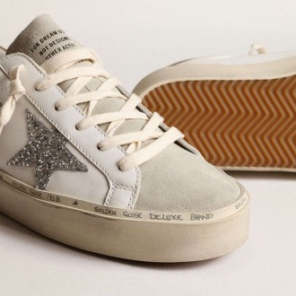 Golden Goose Hi Star With Silver Glitter Star And Dove-Gray Nubuck Heel Tab Golden Goose Hi Star With Silver Glitter Star And Dove-Gray Nubuck Heel Tab