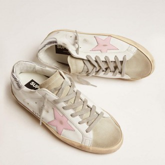 Golden Goose Leather Super-Star With Pink Star And Silver Heel Tab Golden Goose Leather Super-Star With Pink Star And Silver Heel Tab