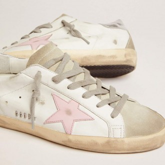 Golden Goose Leather Super-Star With Pink Star And Silver Heel Tab Golden Goose Leather Super-Star With Pink Star And Silver Heel Tab