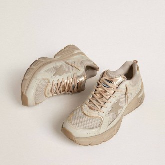 Golden Goose Lightstar In Dove-Gray Leather And Mesh With Beige Tpu Star