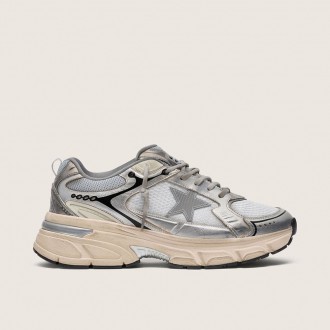 Golden Goose Lightstar In Gray Mesh And Silver Nappa Leather With Gray Tpu Star