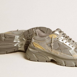 Golden Goose Lightstar In Metallic Leather And Silver Mesh With Gray Star Golden Goose Lightstar In Metallic Leather And Silver Mesh With Gray Star