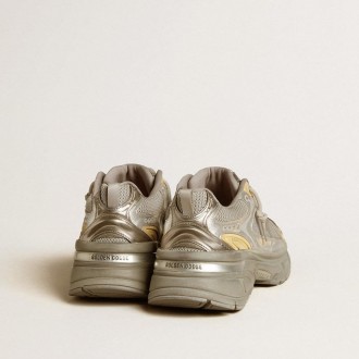 Golden Goose Lightstar In Metallic Leather And Silver Mesh With Gray Star Golden Goose Lightstar In Metallic Leather And Silver Mesh With Gray Star