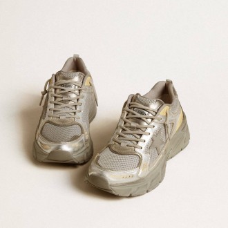 Golden Goose Lightstar In Metallic Leather And Silver Mesh With Gray Star Golden Goose Lightstar In Metallic Leather And Silver Mesh With Gray Star