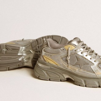 Golden Goose Lightstar In Metallic Leather And Silver Mesh With Gray Star Golden Goose Lightstar In Metallic Leather And Silver Mesh With Gray Star