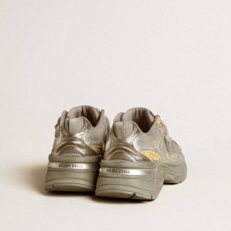 Golden Goose Lightstar In Metallic Leather And Silver Mesh With Gray Star Golden Goose Lightstar In Metallic Leather And Silver Mesh With Gray Star