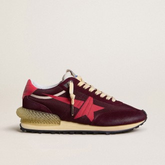Golden Goose Marathon In Burgundy Mesh And Suede With Printed Pink Star