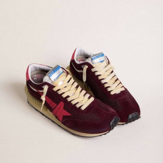 Golden Goose Marathon In Burgundy Mesh And Suede With Printed Pink Star Golden Goose Marathon In Burgundy Mesh And Suede With Printed Pink Star