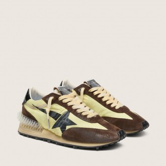 Golden Goose Marathon In Lime-Green Nylon With Black Star And Brown Suede Inserts