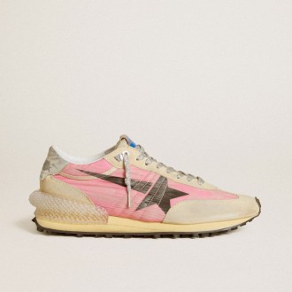 Golden Goose Marathon In Pink Nylon And Beige Suede With Black Printed Star