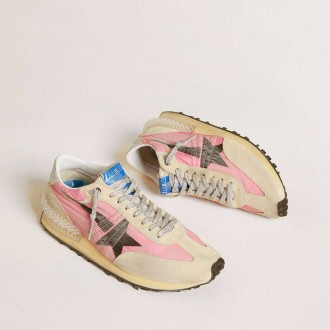 Golden Goose Marathon In Pink Nylon And Beige Suede With Black Printed Star