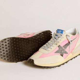 Golden Goose Marathon In Pink Nylon And Beige Suede With Black Printed Star