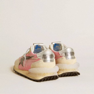 Golden Goose Marathon In Pink Nylon And Beige Suede With Black Printed Star