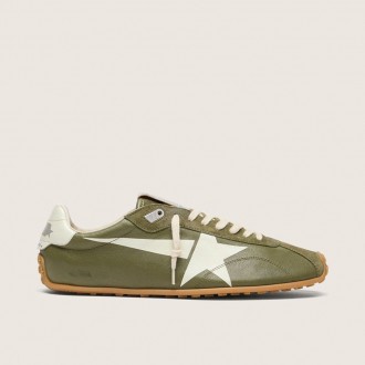 Golden Goose Marathon Speed In Olive-Green Leather With Cream Star