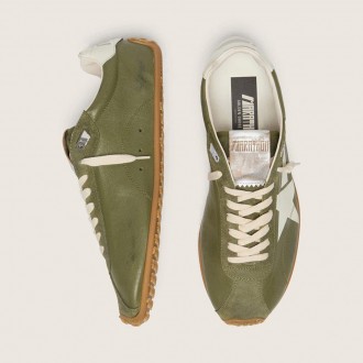 Golden Goose Marathon Speed In Olive-Green Leather With Cream Star