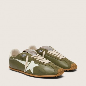 Golden Goose Marathon Speed In Olive-Green Leather With Cream Star Golden Goose Marathon Speed In Olive-Green Leather With Cream Star