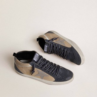 Golden Goose Mid Star In Beige And Blue Suede With Gray Nappa Leather Star And White Leather Flash