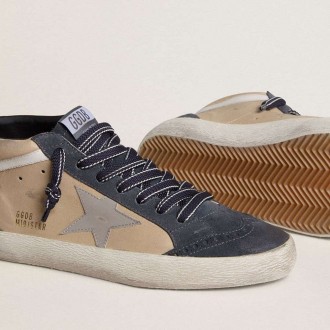 Golden Goose Mid Star In Beige And Blue Suede With Gray Nappa Leather Star And White Leather Flash