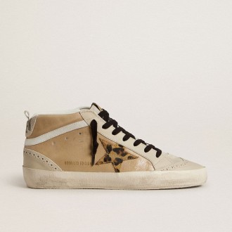 Golden Goose Mid Star In Beige Naplak Leather With Leopard-Print Pony Skin Star