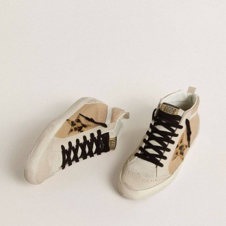 Golden Goose Mid Star In Beige Naplak Leather With Leopard-Print Pony Skin Star