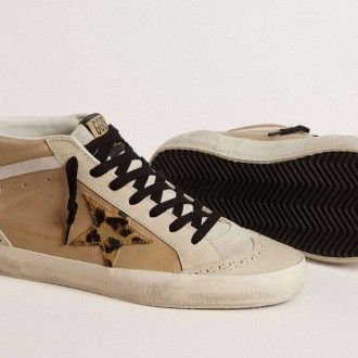 Golden Goose Mid Star In Beige Naplak Leather With Leopard-Print Pony Skin Star