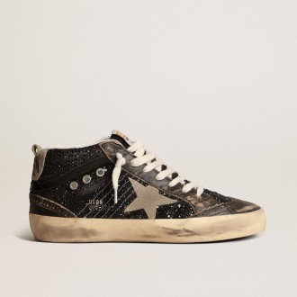 Golden Goose Mid Star In Black Glitter With Dove-Gray Suede Star And Heel Tab