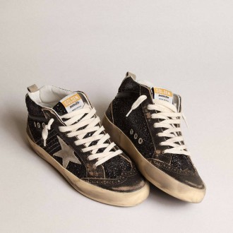 Golden Goose Mid Star In Black Glitter With Dove-Gray Suede Star And Heel Tab