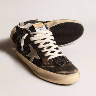 Golden Goose Mid Star In Black Glitter With Dove-Gray Suede Star And Heel Tab