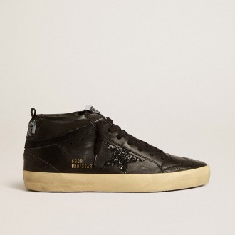 Golden Goose Mid Star In Black Nappa With Black Glitter Star And Suede Flash