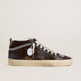 Golden Goose Mid Star In Brown Suede With Leather Star And Swarovski Crystal Flash
