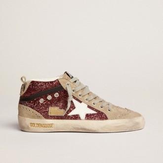 Golden Goose Mid Star In Burgundy Glitter With Gray Inserts And White Star