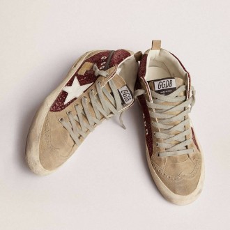 Golden Goose Mid Star In Burgundy Glitter With Gray Inserts And White Star