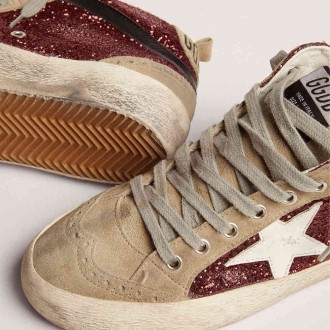 Golden Goose Mid Star In Burgundy Glitter With Gray Inserts And White Star