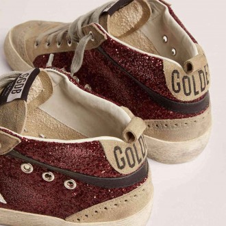 Golden Goose Mid Star In Burgundy Glitter With Gray Inserts And White Star