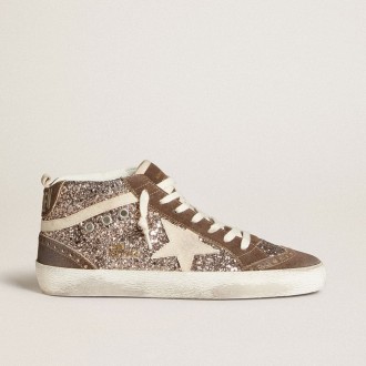 Golden Goose Mid Star In Glitter With Pearl Suede Star And Brown Suede Inserts