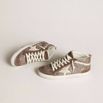 Golden Goose Mid Star In Glitter With Pearl Suede Star And Brown Suede Inserts Golden Goose Mid Star In Glitter With Pearl Suede Star And Brown Suede Inserts