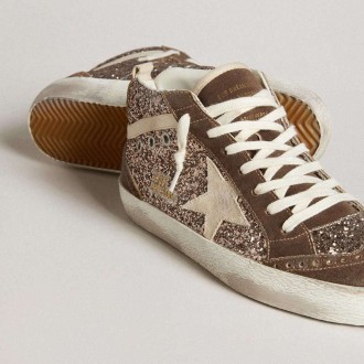 Golden Goose Mid Star In Glitter With Pearl Suede Star And Brown Suede Inserts Golden Goose Mid Star In Glitter With Pearl Suede Star And Brown Suede Inserts