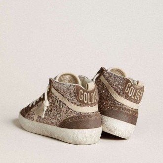 Golden Goose Mid Star In Glitter With Pearl Suede Star And Brown Suede Inserts Golden Goose Mid Star In Glitter With Pearl Suede Star And Brown Suede Inserts