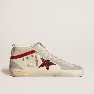 Golden Goose Mid Star In Leather With Glitter Star And Red Nubuck Flash